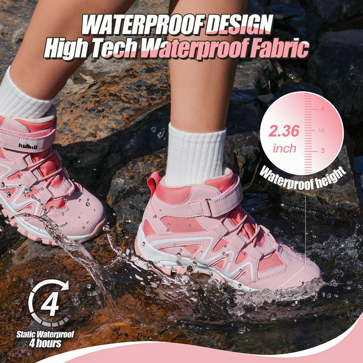 girls hiking boots with waterproof protection for school, daily wear, family outings, wet grass and light rain [color:Pink]