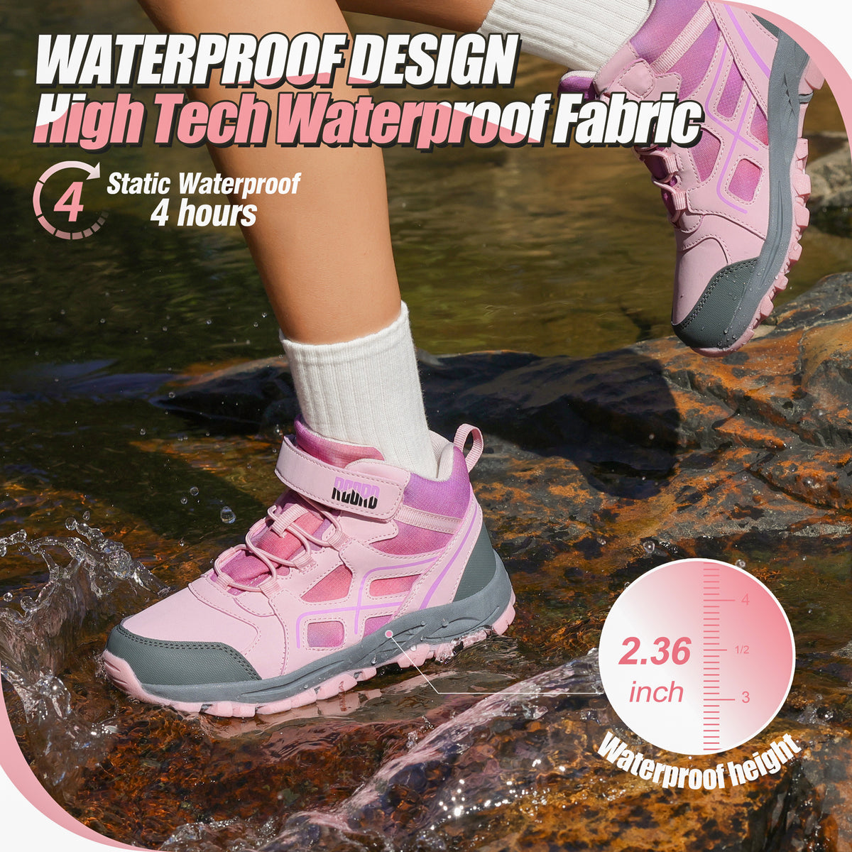 girls hiking boots with waterproof protection for nature trails, family hiking, outdoor exploring, wet grass and light rain [color:Pink]