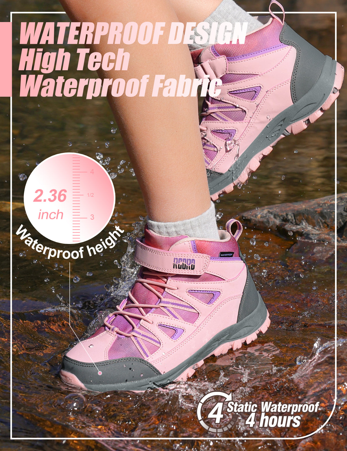 girls hiking boots with waterproof protection for rocky trails, dirt paths, outdoor adventures, wet grass and light rain [color:Pink]