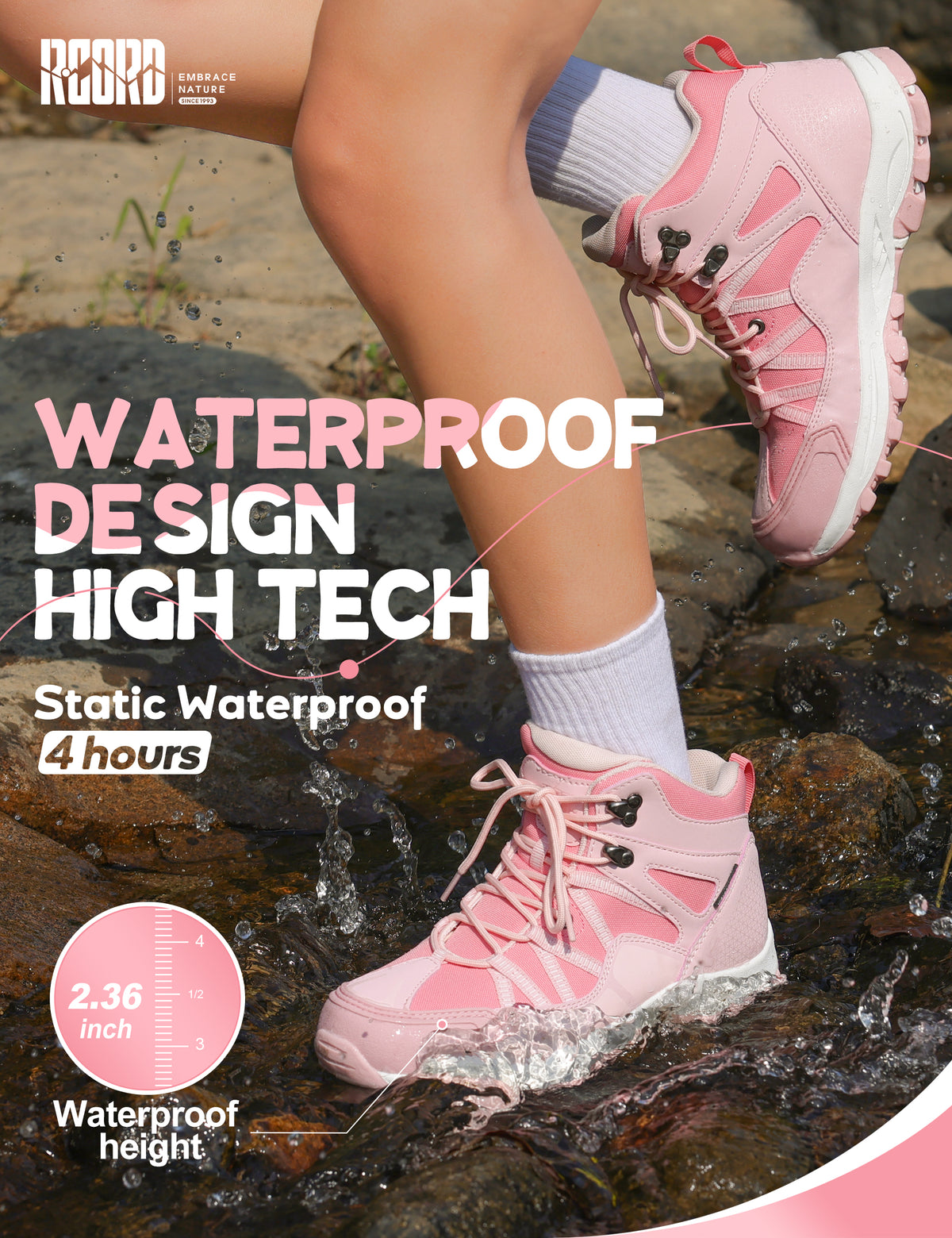 kids hiking boots with waterproof protection for uneven trails, family hiking, trail walking, wet grass and light rain [color:Pink]