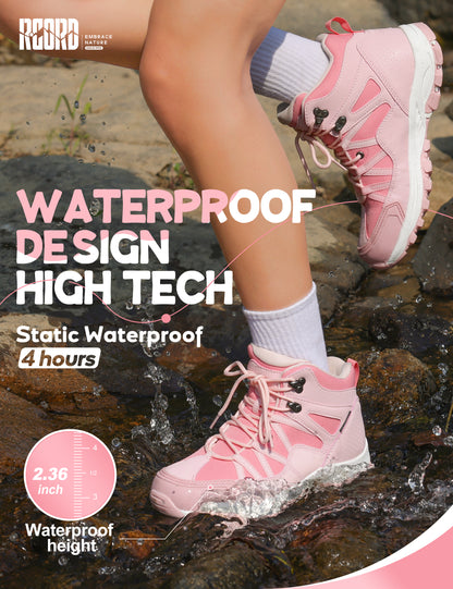 kids hiking boots with waterproof protection for uneven trails, family hiking, trail walking, wet grass and light rain [color:Pink]