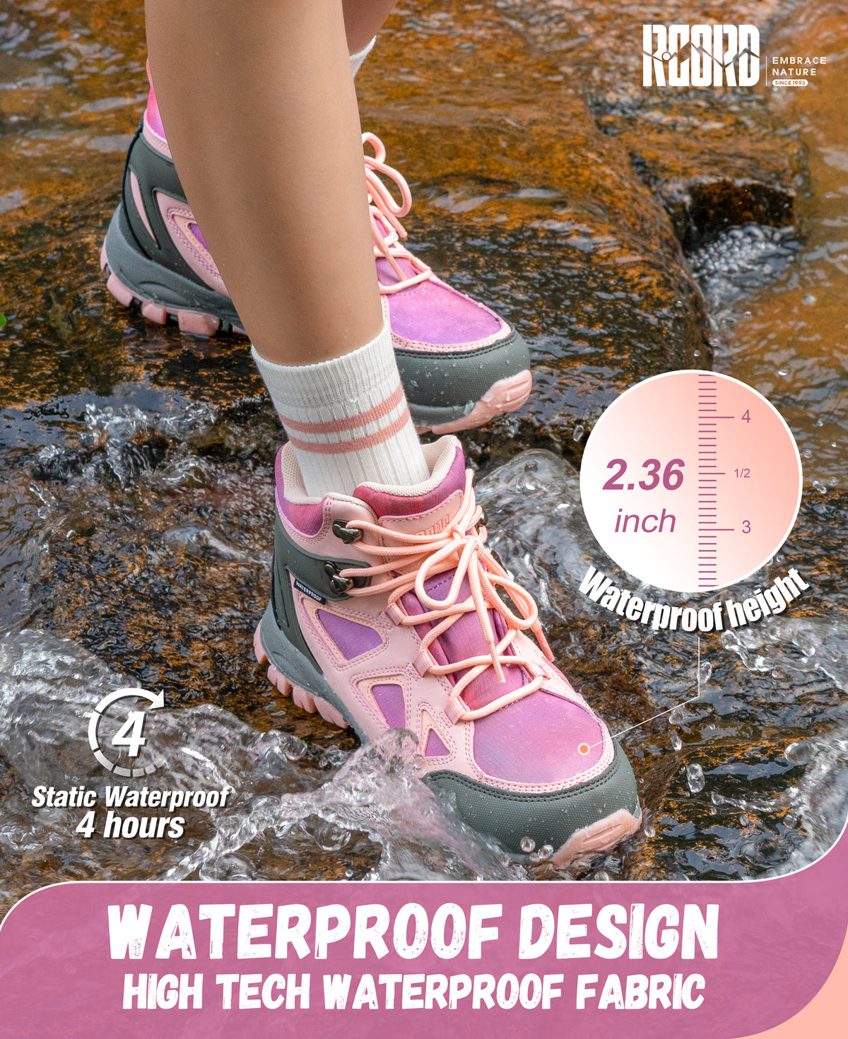 kids hiking boots with waterproof protection for nature walks, day hikes, warm-weather trails, wet grass and light rain [color:Pink]