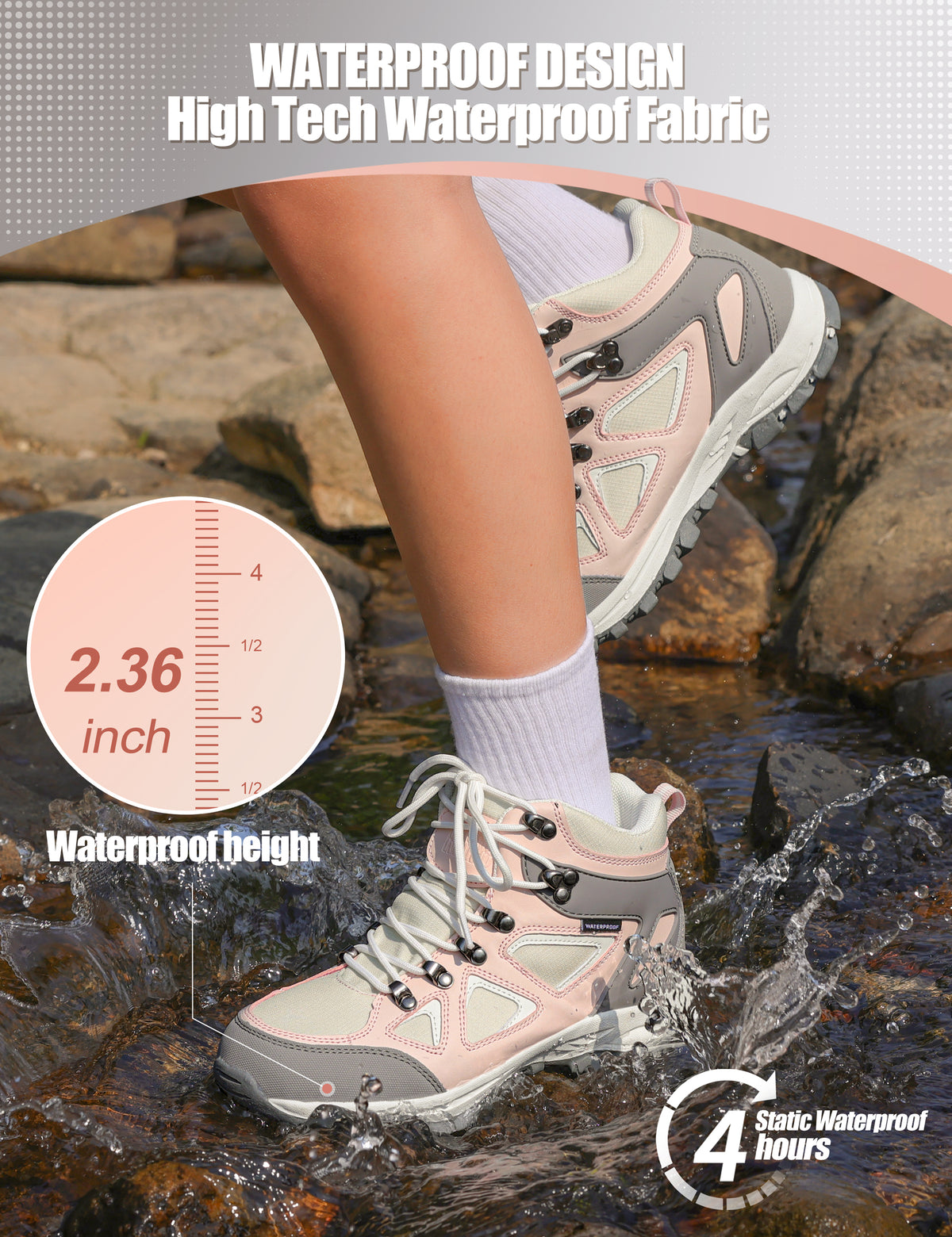 kids hiking boots with waterproof protection for family hiking, camping, wet grass and light rain [color:PinkGrey]