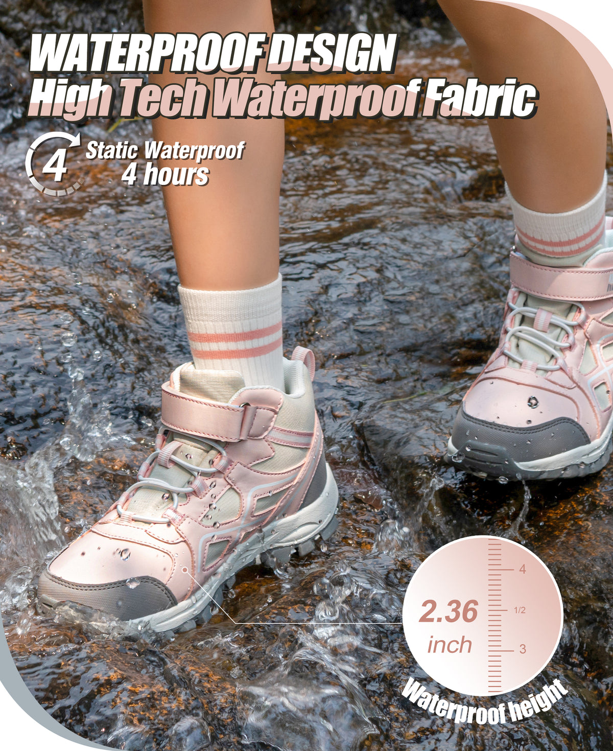 girls hiking boots with waterproof protection for nature trails, family hiking, outdoor exploring, wet grass and light rain [color:PinkGrey]