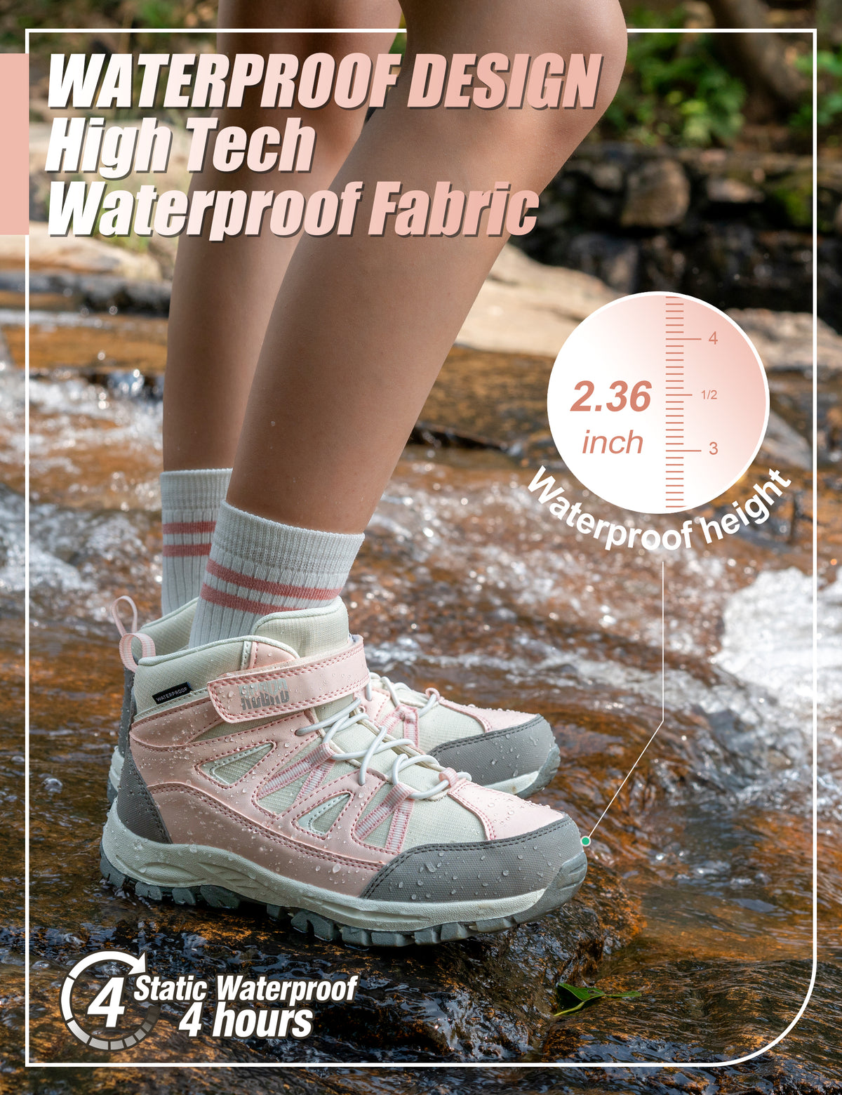 girls hiking boots with waterproof protection for rocky trails, dirt paths, outdoor adventures, wet grass and light rain [color:PinkGrey]