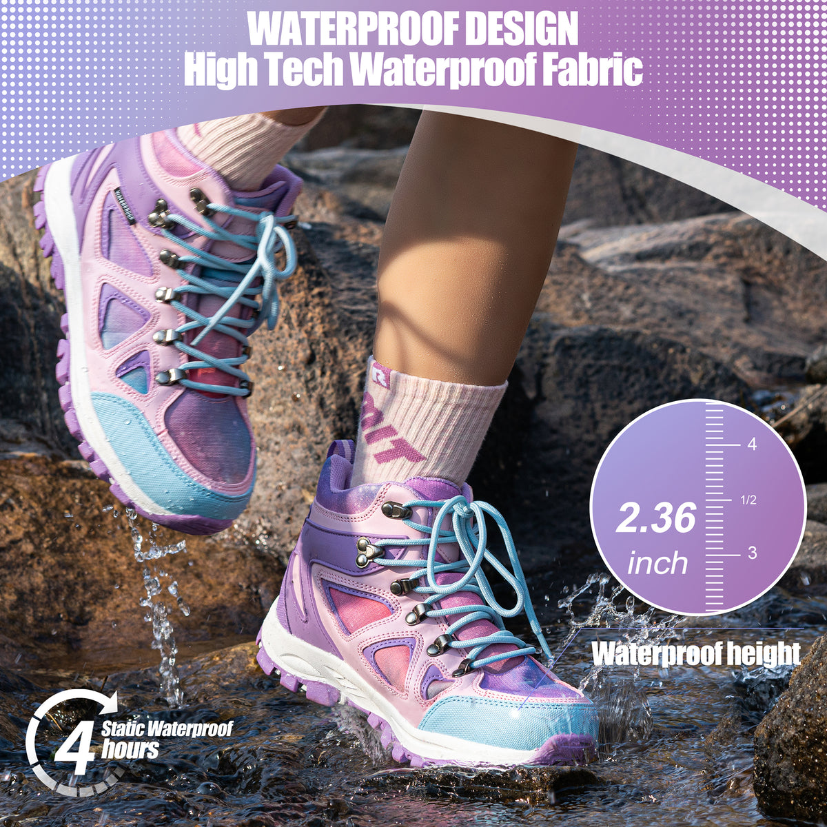 kids hiking boots with waterproof protection for family hiking, camping, wet grass and light rain [color:Purple]
