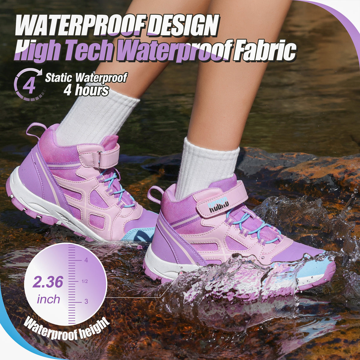 girls hiking boots with waterproof protection for nature trails, family hiking, outdoor exploring, wet grass and light rain [color:Purple]
