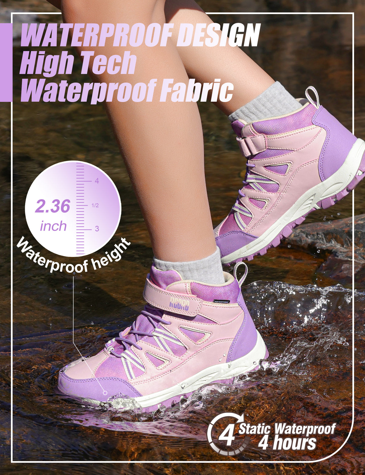 girls hiking boots with waterproof protection for rocky trails, dirt paths, outdoor adventures, wet grass and light rain [color:Purple]