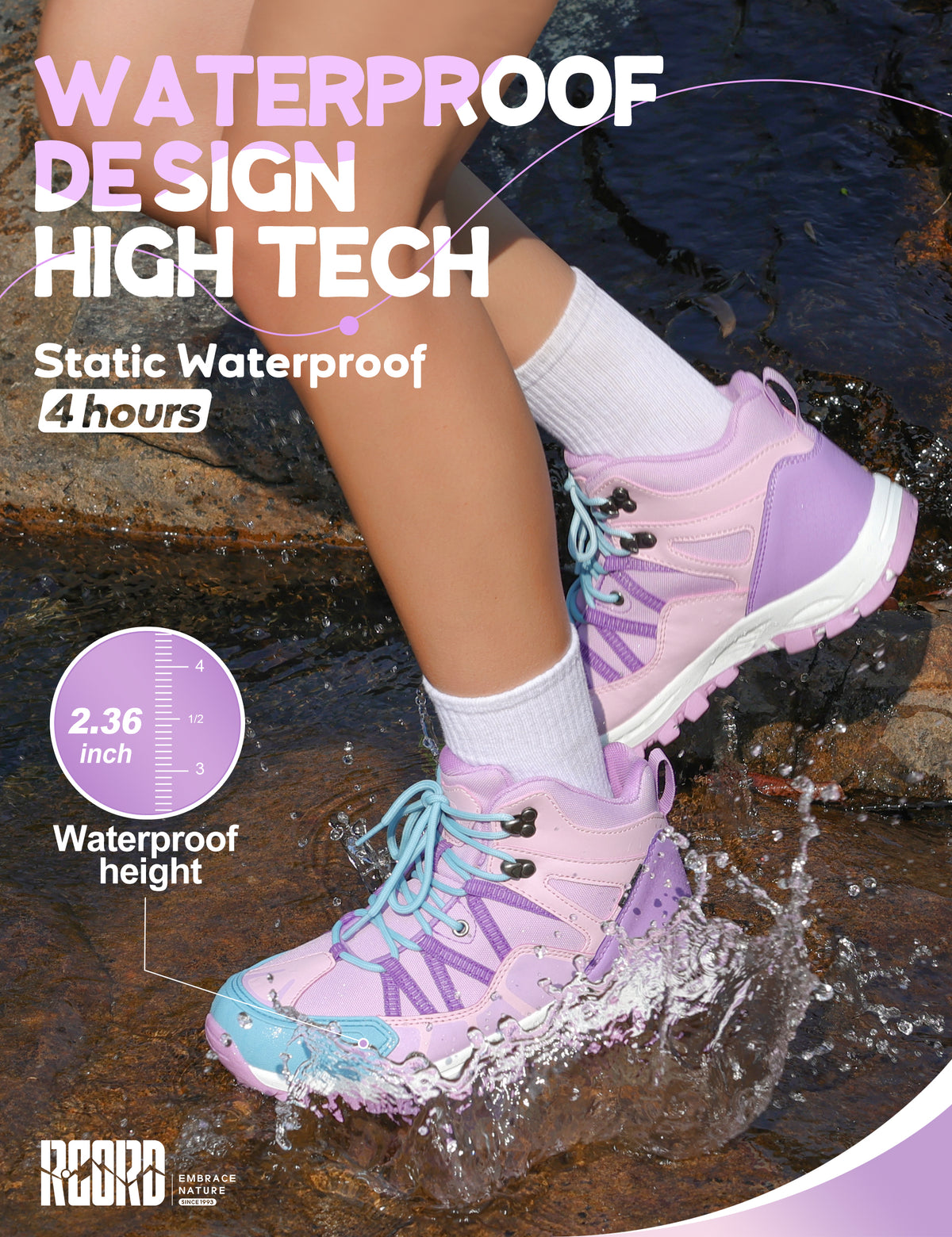 kids hiking boots with waterproof protection for uneven trails, family hiking, trail walking, wet grass and light rain [color:Purple]