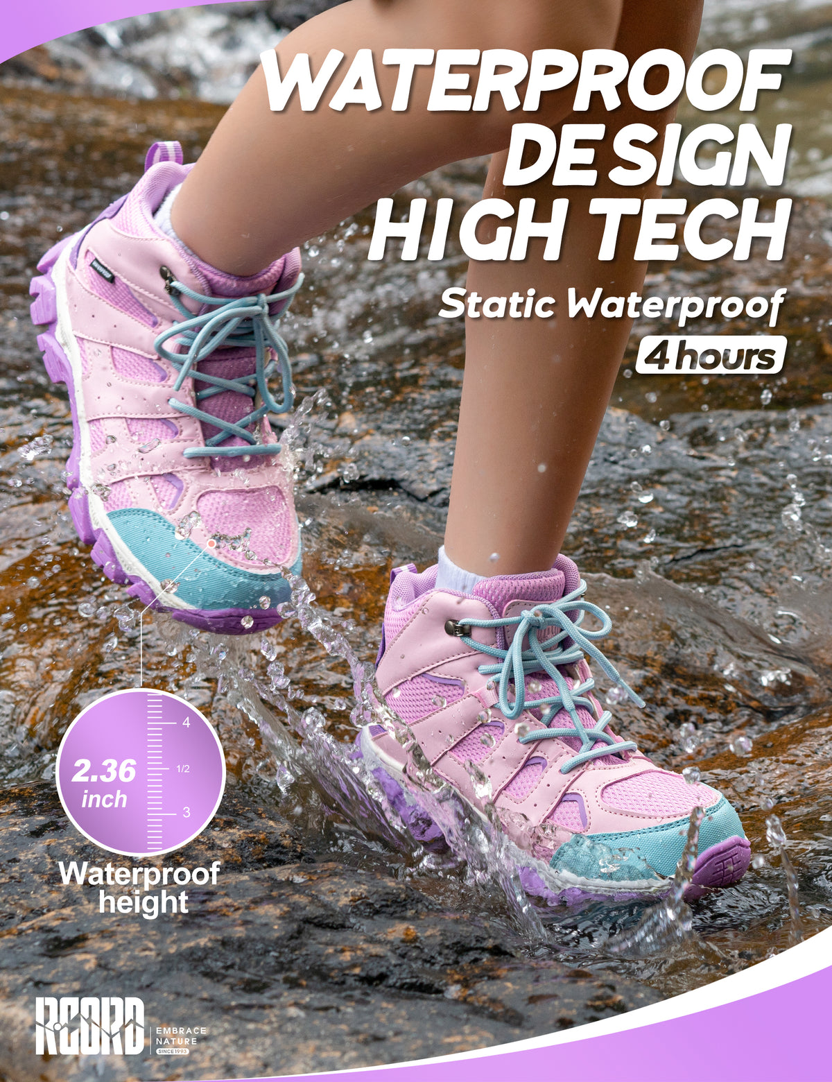 kids hiking boots with waterproof protection for school, playground, walking, wet grass and light rain [color:Purple]