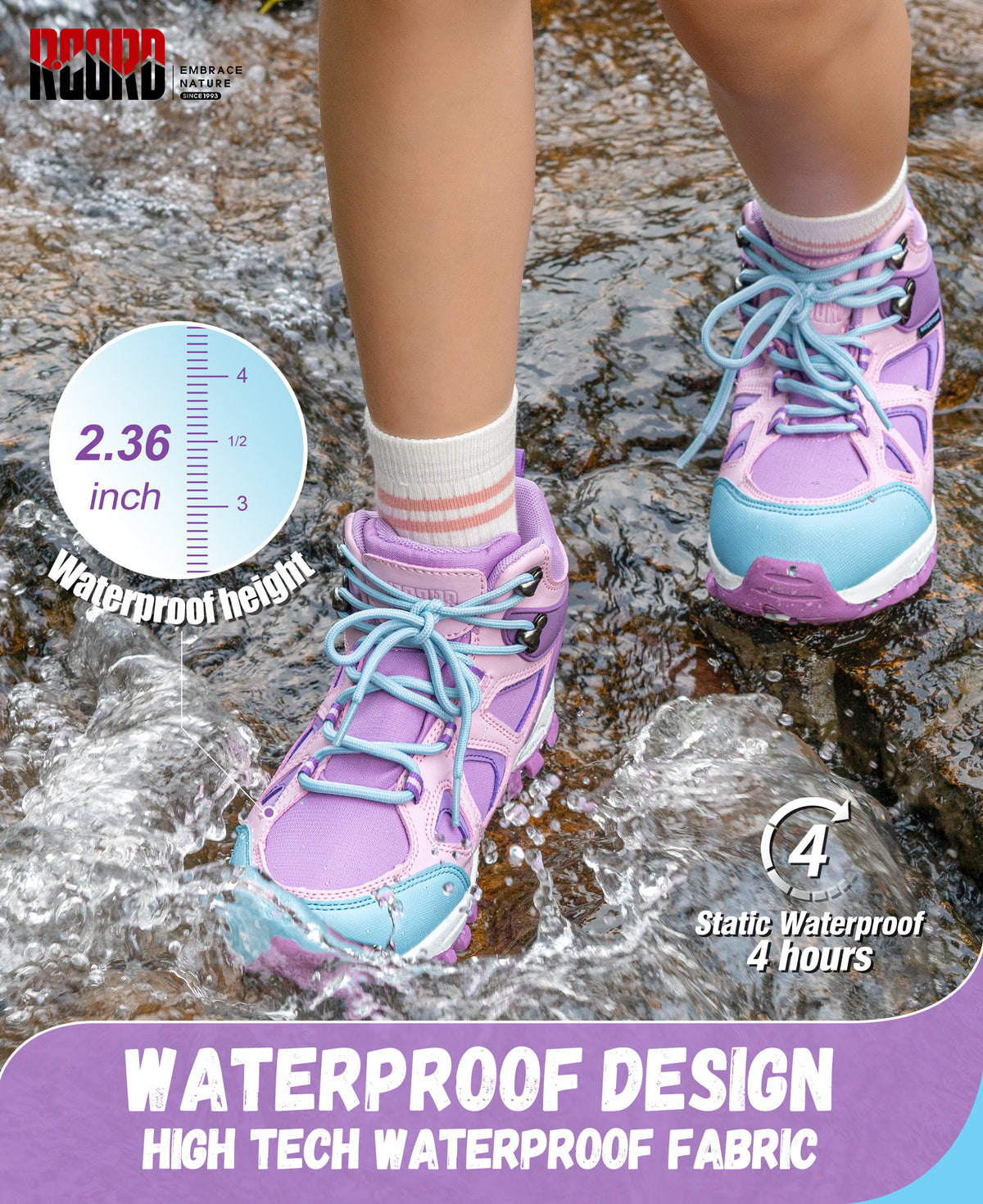 kids hiking boots with waterproof protection for nature walks, day hikes, warm-weather trails, wet grass and light rain [color:Purple]