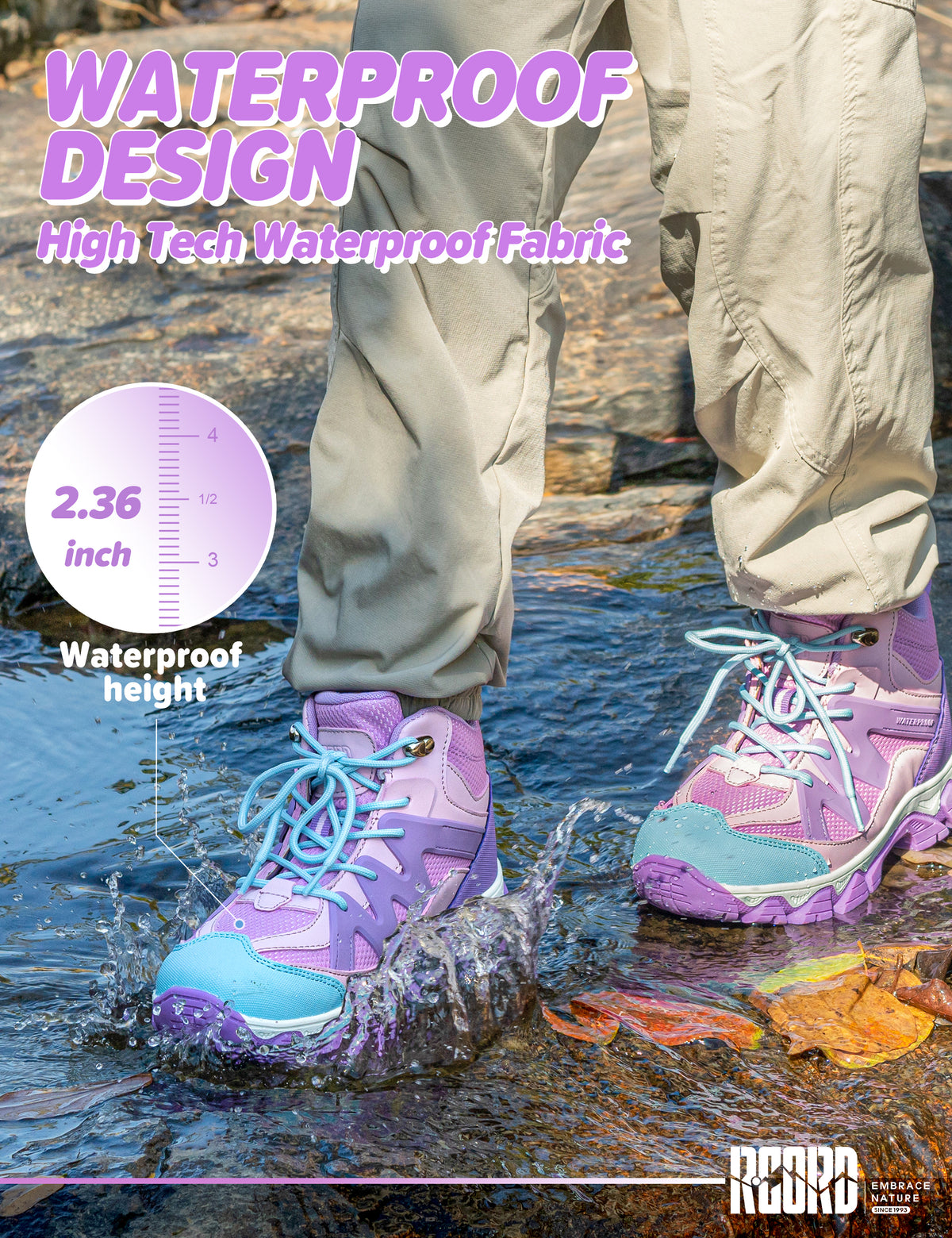 kids hiking boots with waterproof protection for park, travel, easy trails, wet grass and light rain [color:Purple]