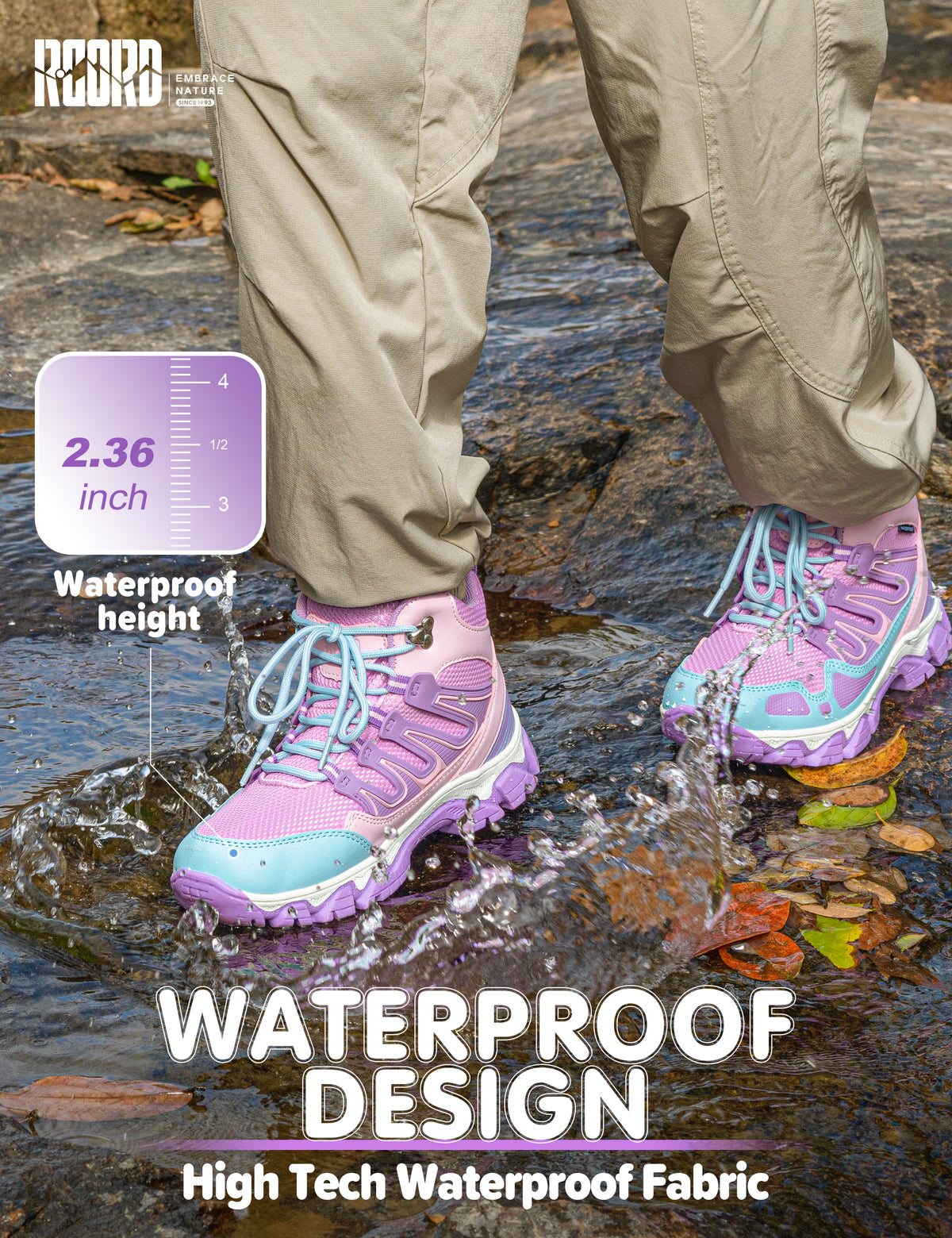 girls hiking boots with waterproof protection for school, outdoor play, travel, wet grass and light rain [color:Purple]