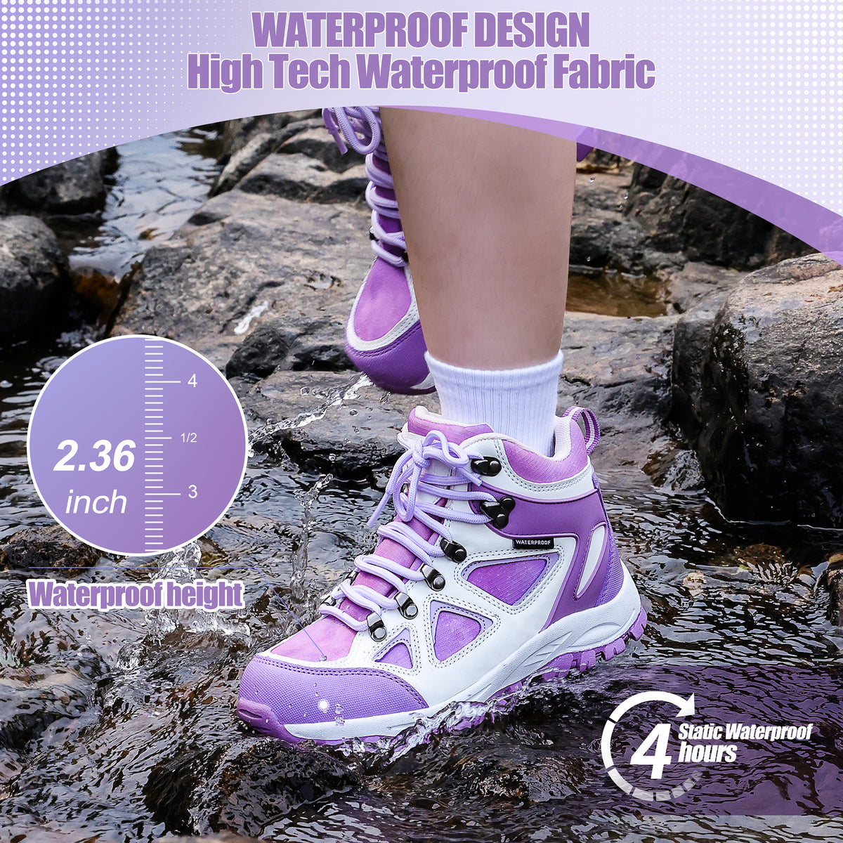 kids hiking boots with waterproof protection for family hiking, camping, wet grass and light rain [color:PurpleWhite]