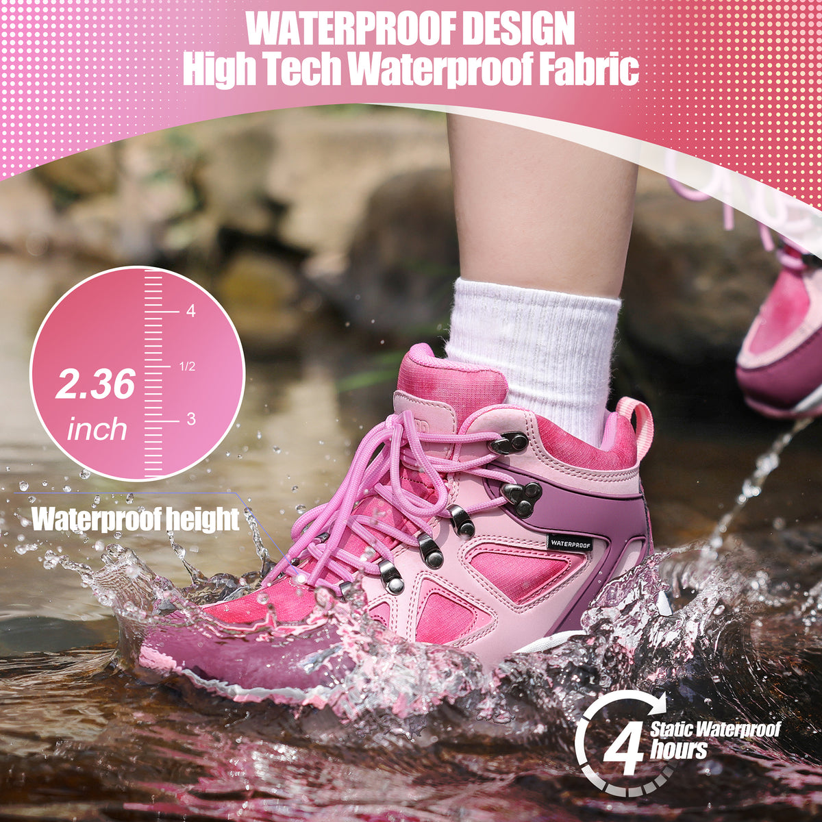 kids hiking boots with waterproof protection for family hiking, camping, wet grass and light rain [color:Rose]