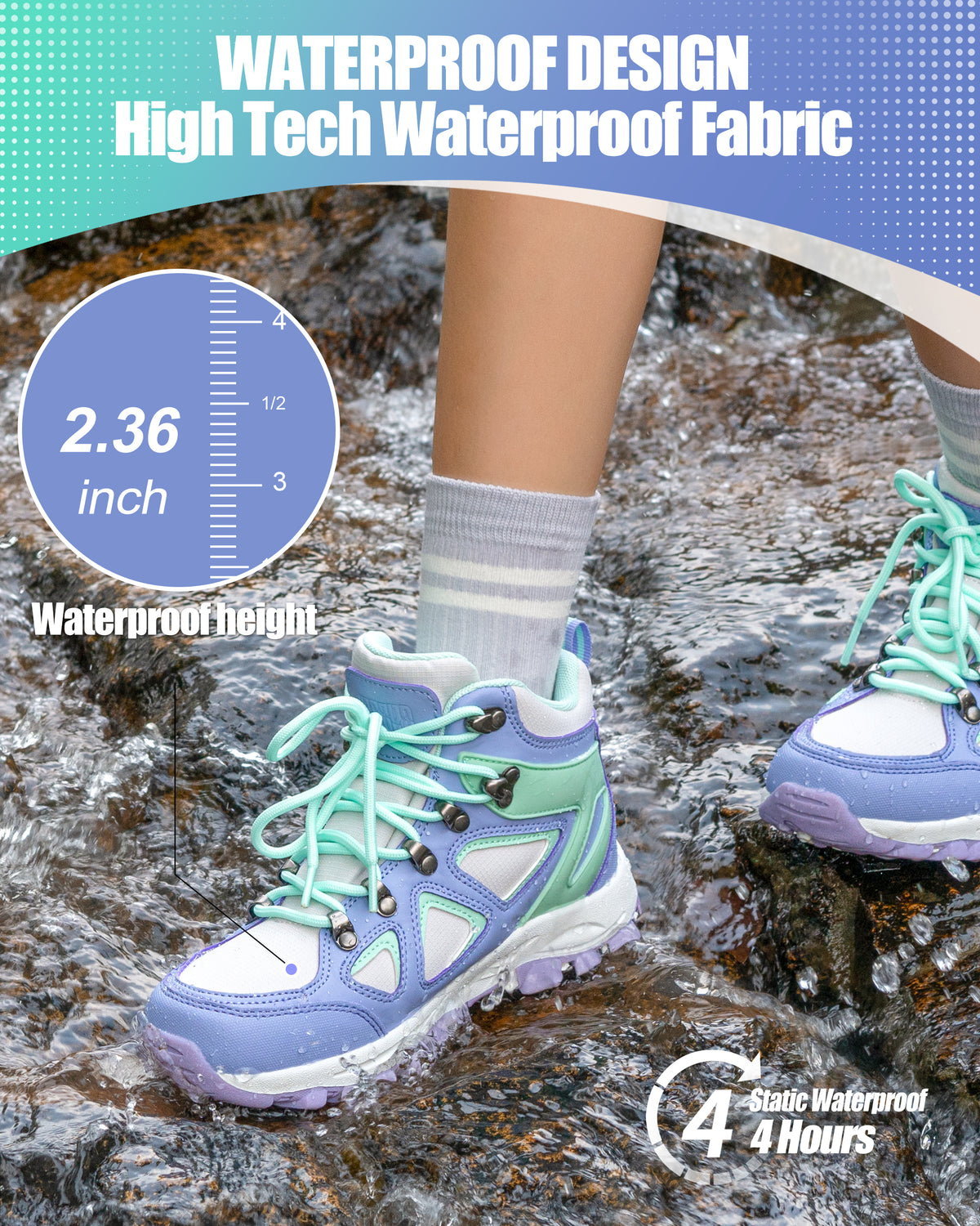 kids hiking boots with waterproof protection for family hiking, camping, wet grass and light rain [color:Turquoise]