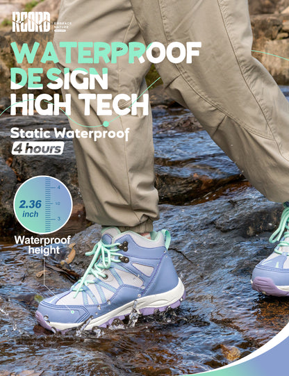 kids hiking boots with waterproof protection for uneven trails, family hiking, trail walking, wet grass and light rain [color:Turquoise]