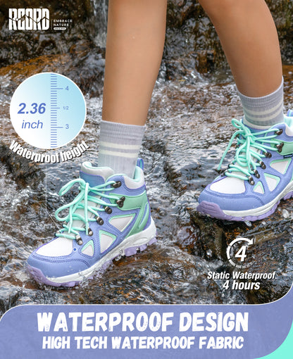 kids hiking boots with waterproof protection for nature walks, day hikes, warm-weather trails, wet grass and light rain [color:Turquoise]