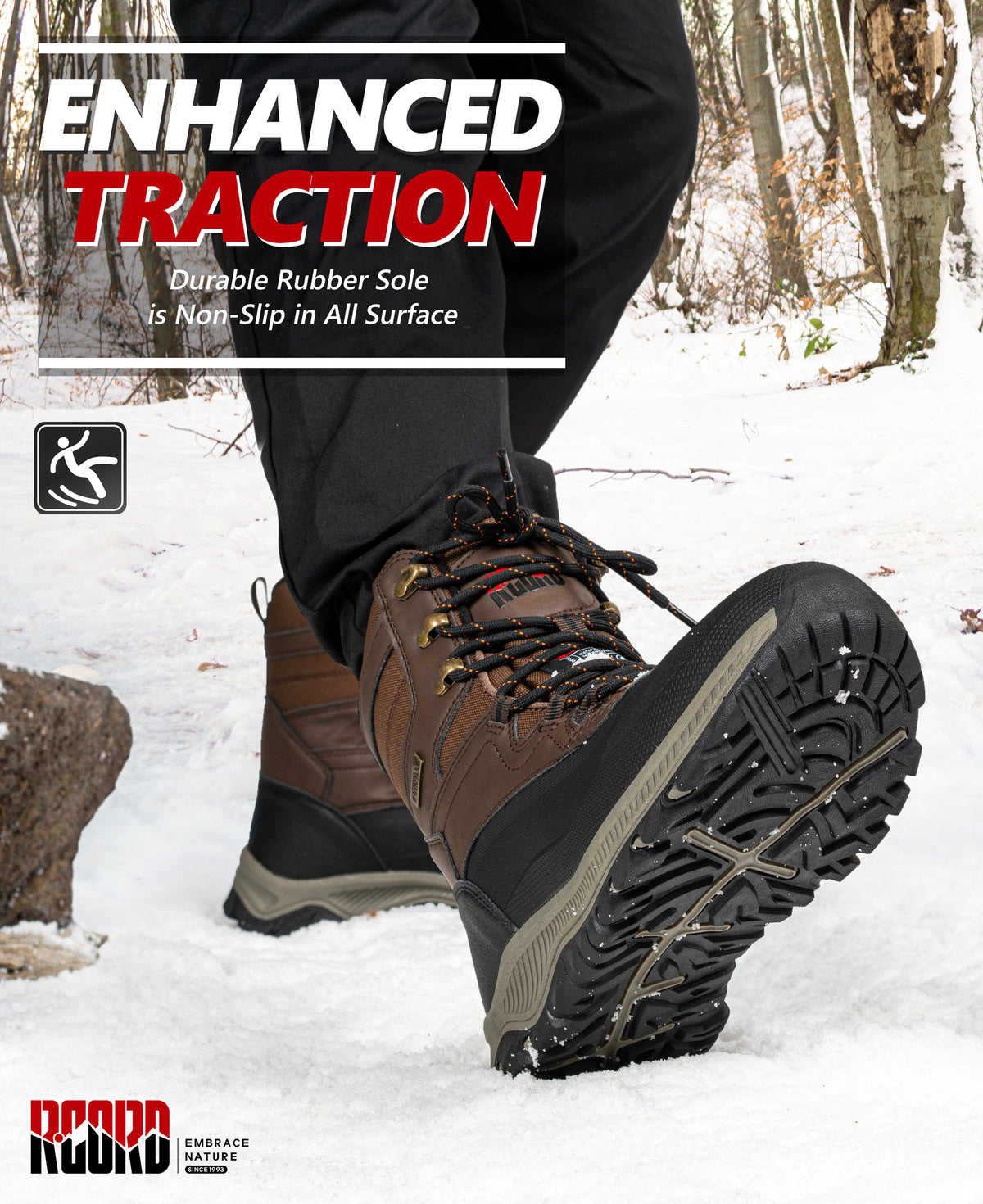Deep-lug rubber traction on men's snow boots for icy sidewalks and packed snow [color:Brown]
