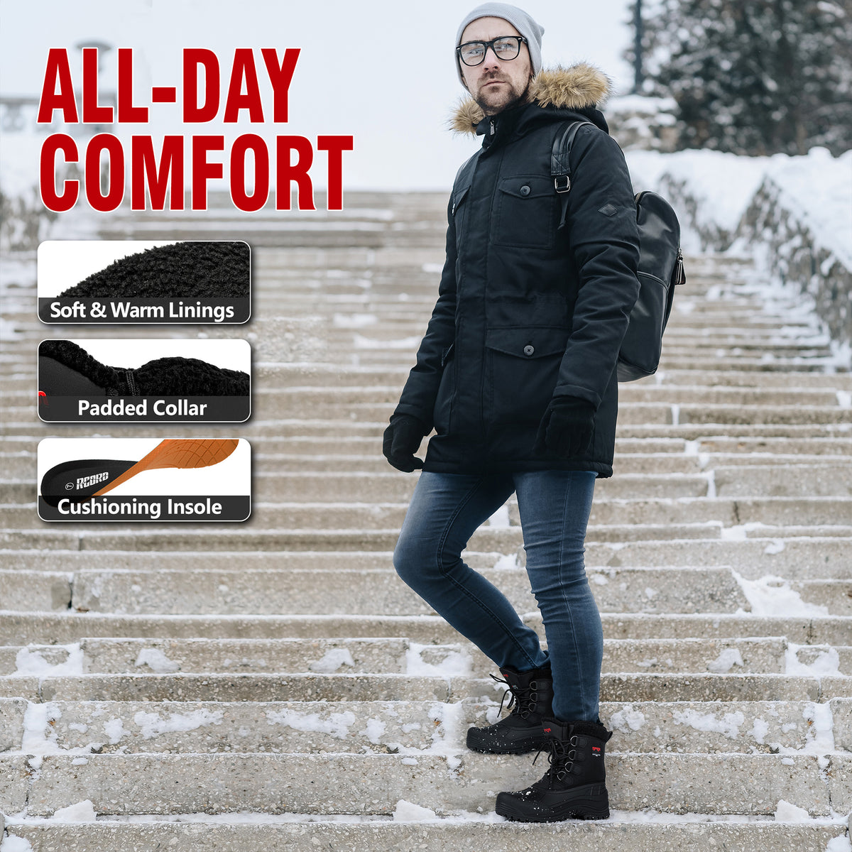 Removable cushioned insole comfort in men's snow boots for extended walks [color:Black]
