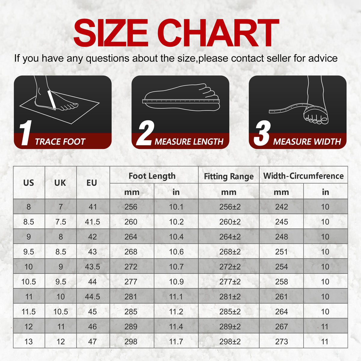 Size guide for men's snow boots when choosing room for thicker winter socks
