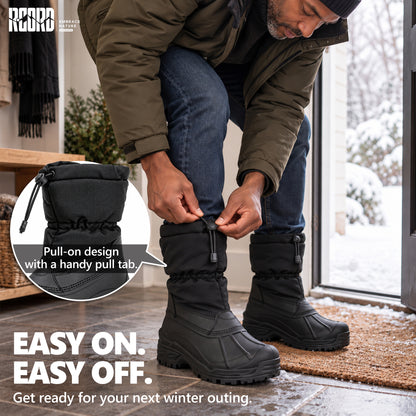 Slip-on men's snow boots with an adjustable ankle strap for fit changes [color:Black]