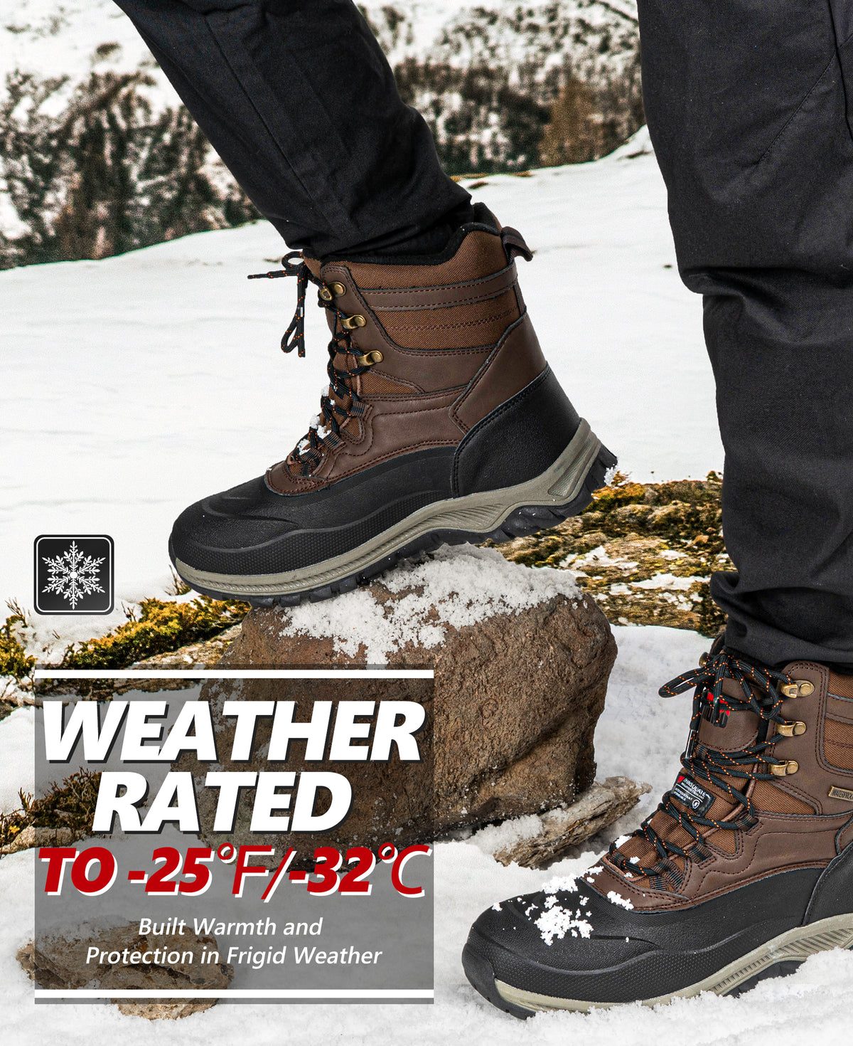 Waterproof men's snow boots for winter dog walks through snow and slush [color:Brown]
