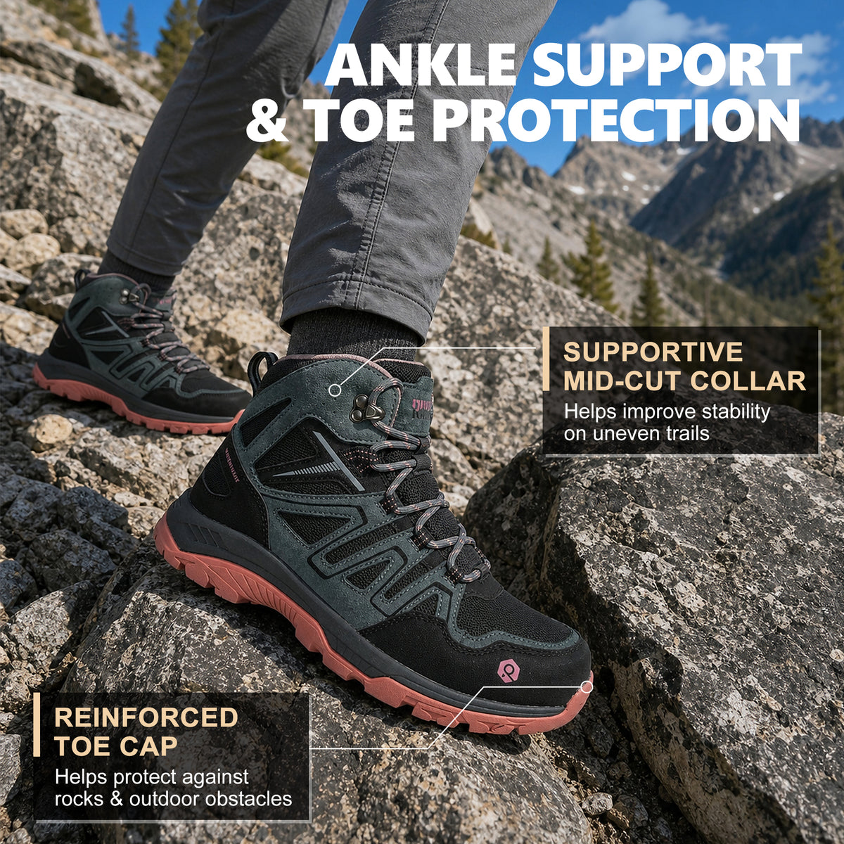Mid-cut ankle support for outdoor walks and easy hikes [color:Black]
