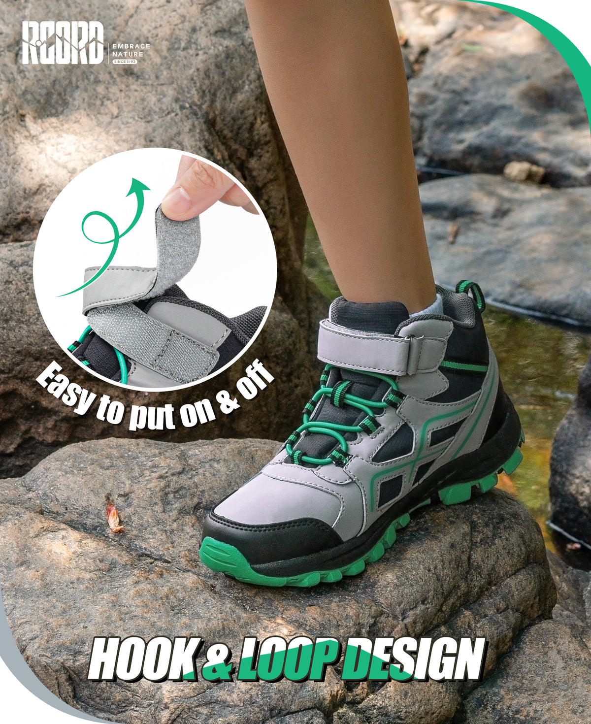 Protective toe waterproof girls hiking boots with hook-and-loop closure for quick fitting before nature trails and family hikes [color:BlackGreen]