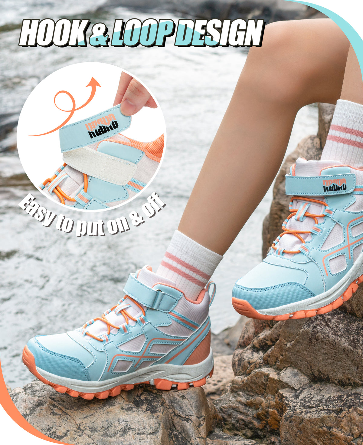 Protective toe waterproof girls hiking boots with hook-and-loop closure for quick fitting before nature trails and family hikes [color:BluePeach]