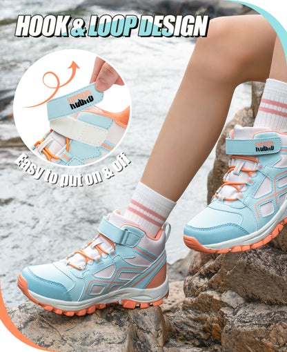 Protective toe waterproof girls hiking boots with hook-and-loop closure for quick fitting before nature trails and family hikes [color:BluePeach]