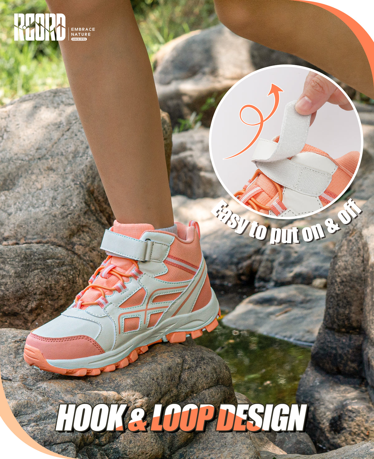 Protective toe waterproof girls hiking boots with hook-and-loop closure for quick fitting before nature trails and family hikes [color:Peach]