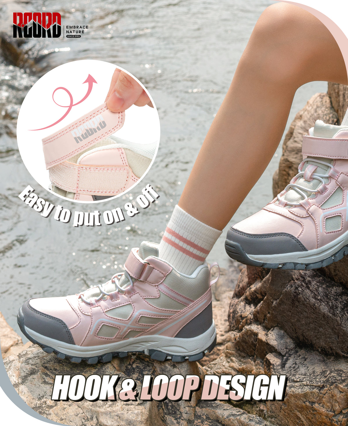 Protective toe waterproof girls hiking boots with hook-and-loop closure for quick fitting before nature trails and family hikes [color:PinkGrey]