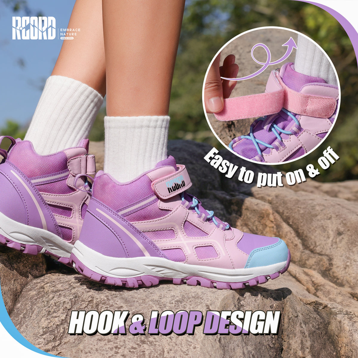 Protective toe waterproof girls hiking boots with hook-and-loop closure for quick fitting before nature trails and family hikes [color:Purple]