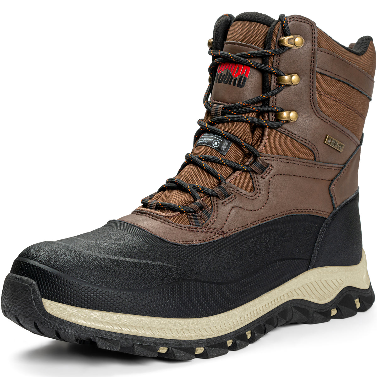 Men's waterproof snow boots with deep-lug traction on a white background [color:Brown]
