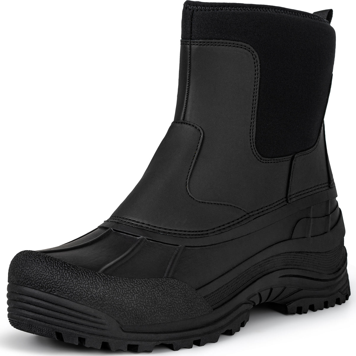 Men's waterproof slip-on snow boots with a warm lining on a white background [color:Black]