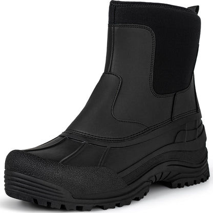 Men's waterproof slip-on snow boots with a warm lining on a white background [color:Black]