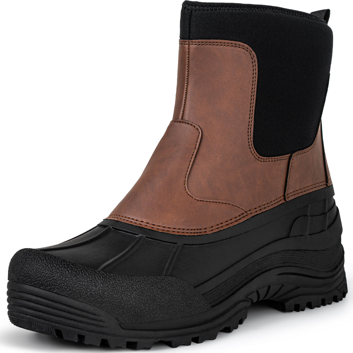 Men's waterproof slip-on snow boots with a warm lining on a white background [color:Brown]