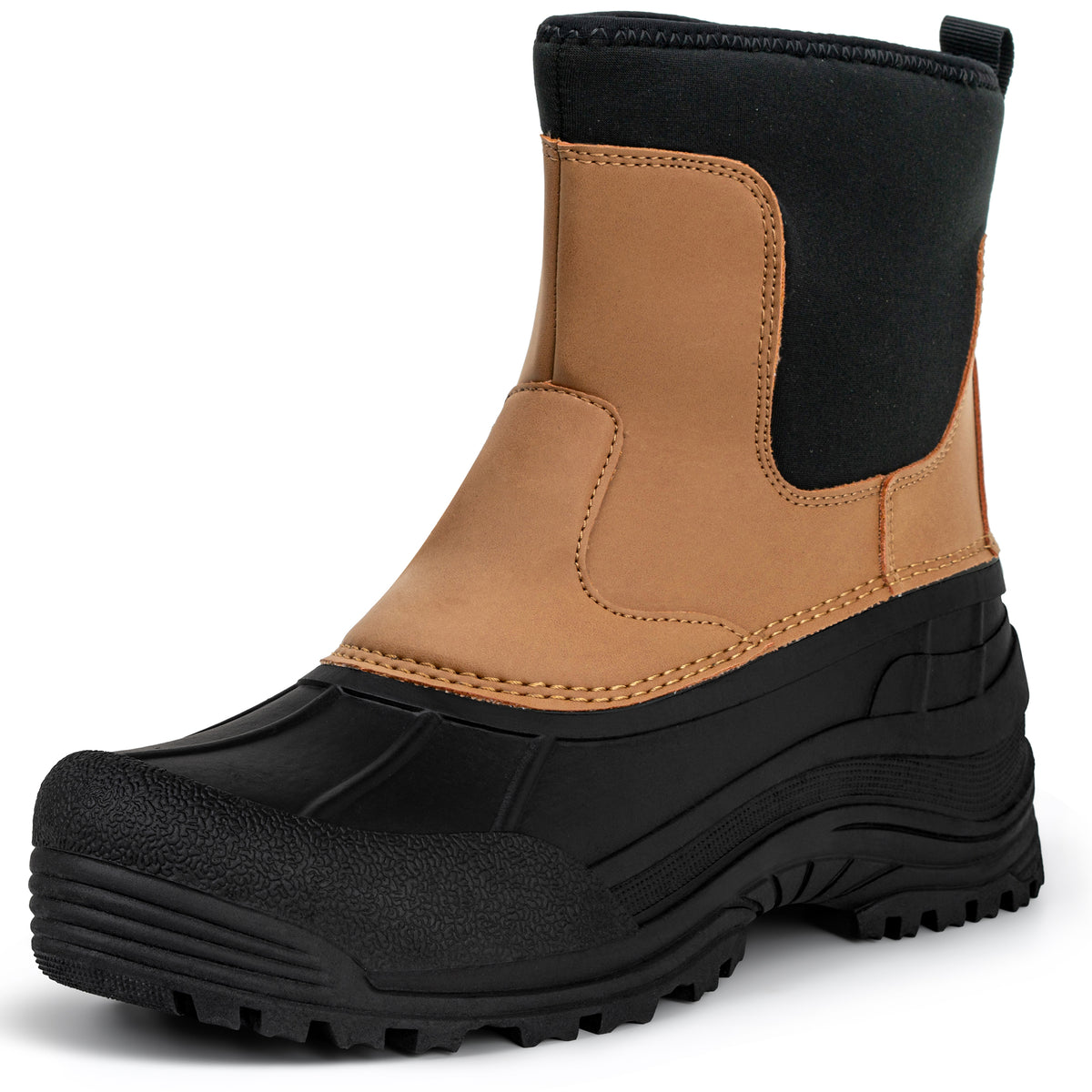 Men's waterproof slip-on snow boots with a warm lining on a white background [color:Khaki]