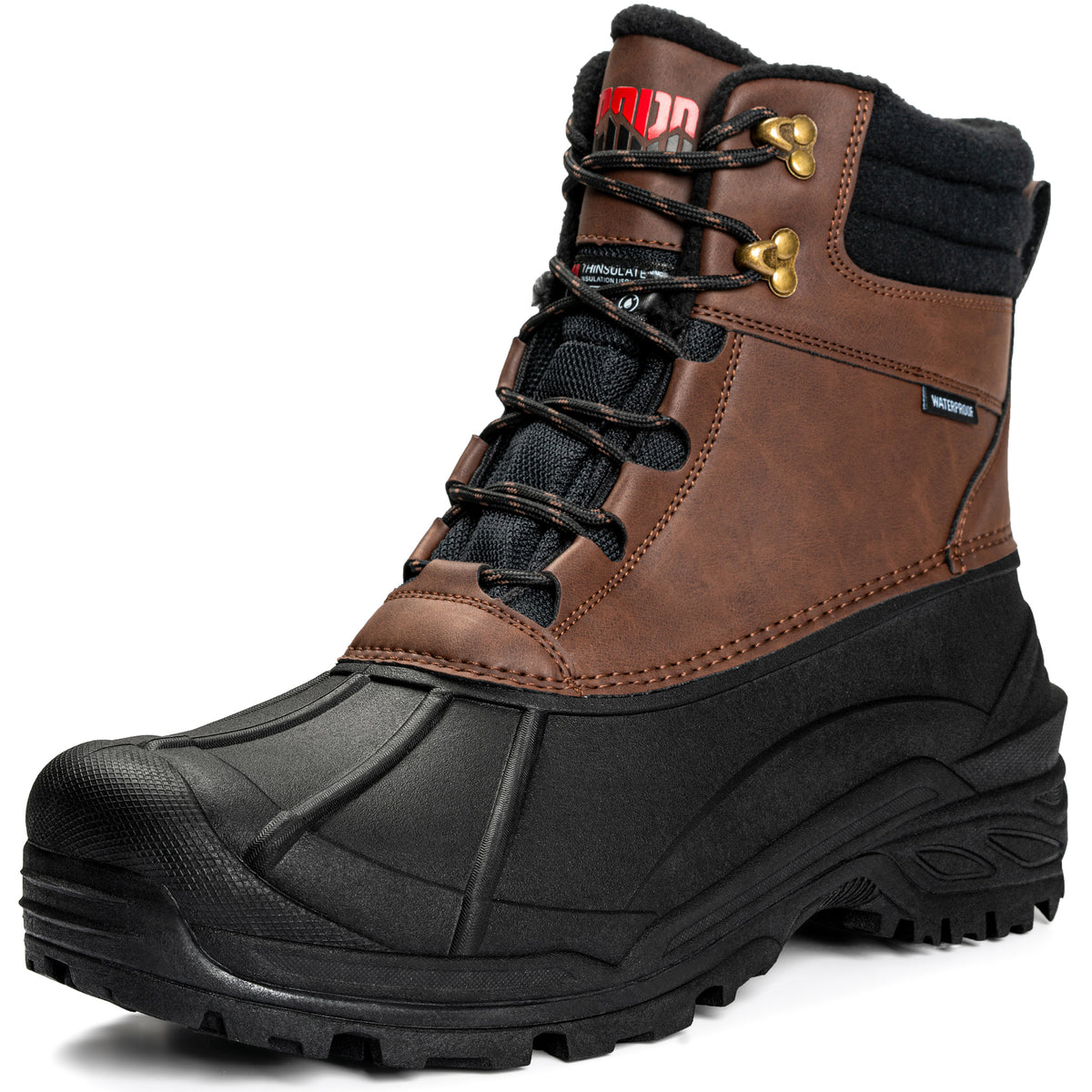 Fur-lined waterproof winter boots for men on a white background [color:Brown]
