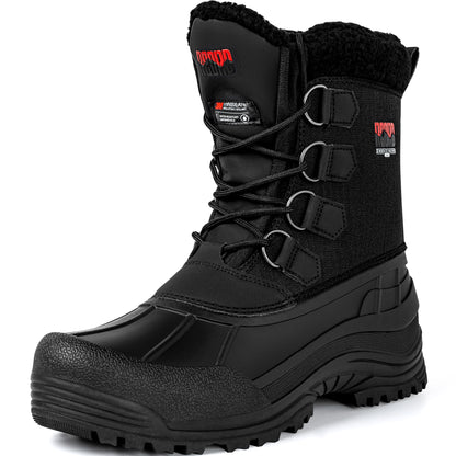 Insulated waterproof winter boots for men with a lace-up design on white [color:Black]