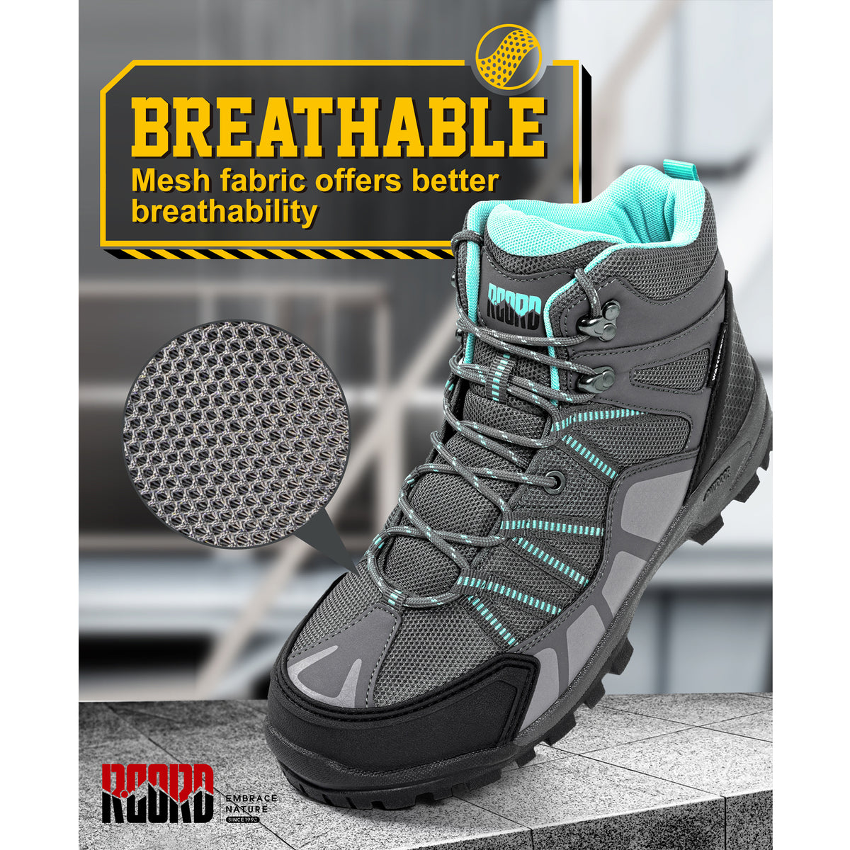 R CORD women's grey breathable steel toe boots with mesh upper [color:Grey]