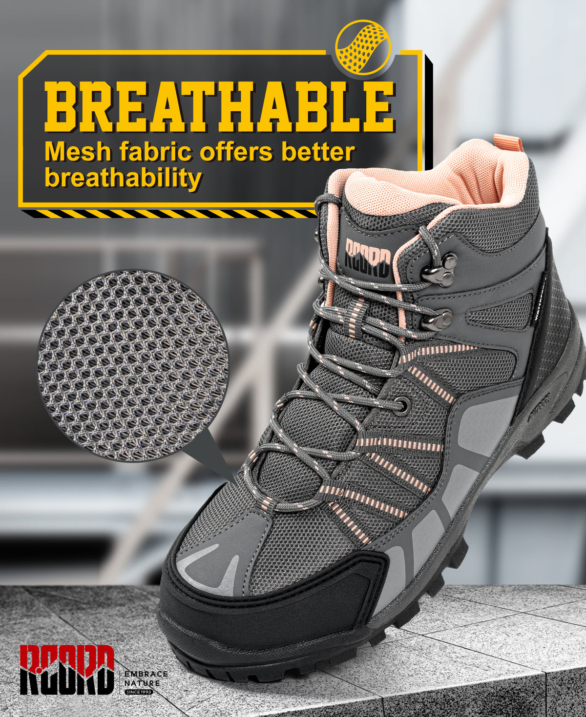 R CORD women's pink breathable steel toe boots with mesh upper [color:Peach]