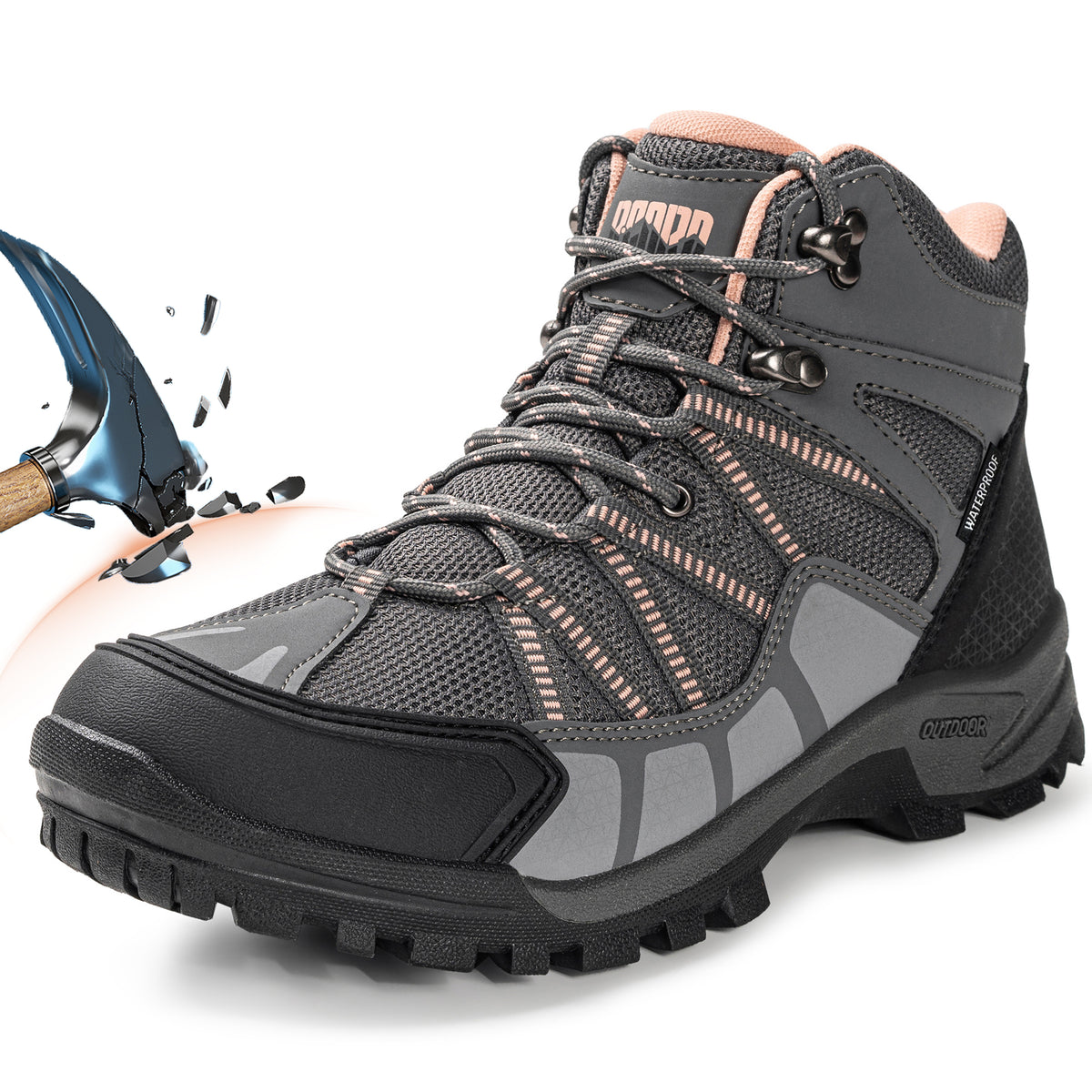 R CORD women's pink steel toe work boots with protective toe cap  [color:Peach]