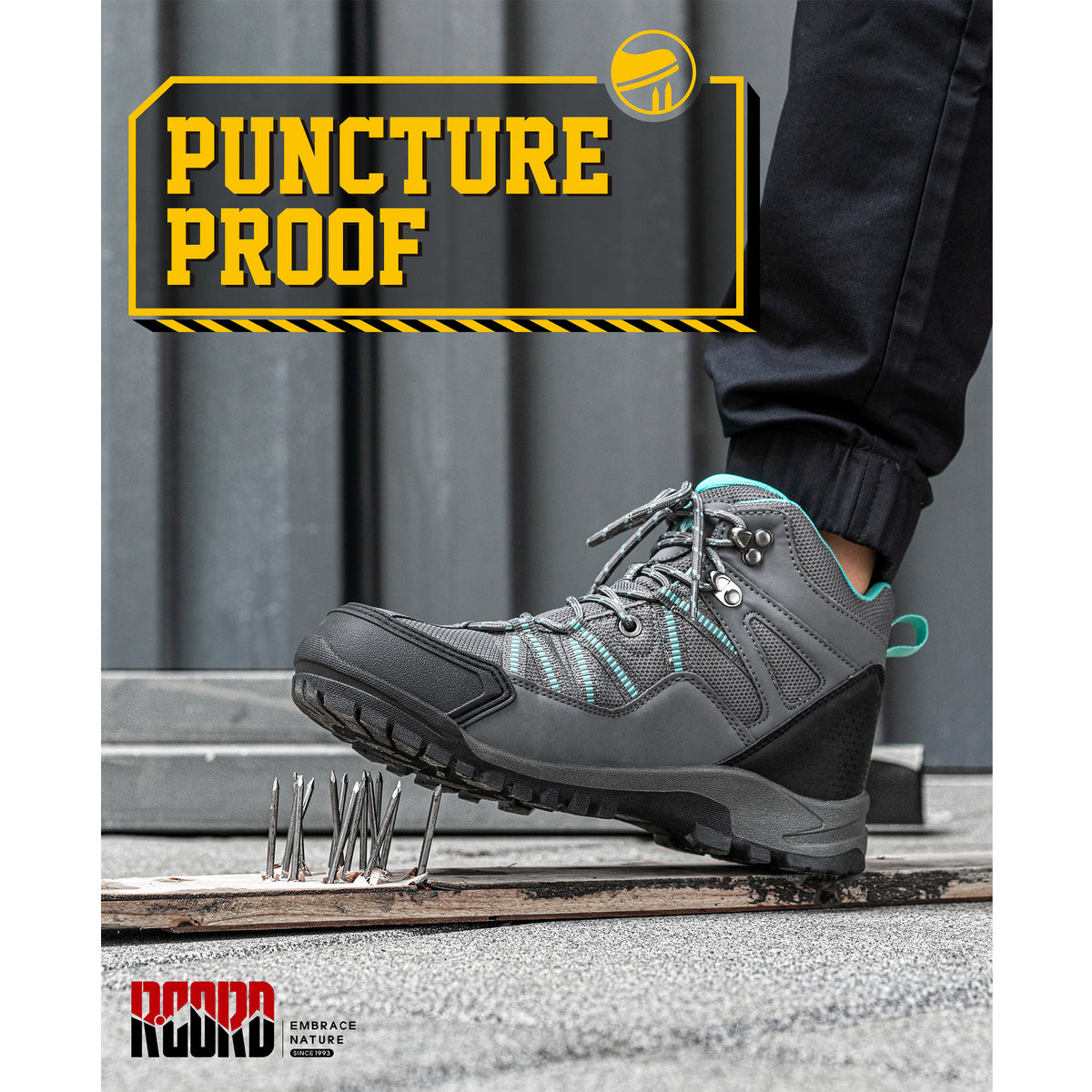 R CORD women's grey puncture-resistant steel toe work boots [color:Grey]