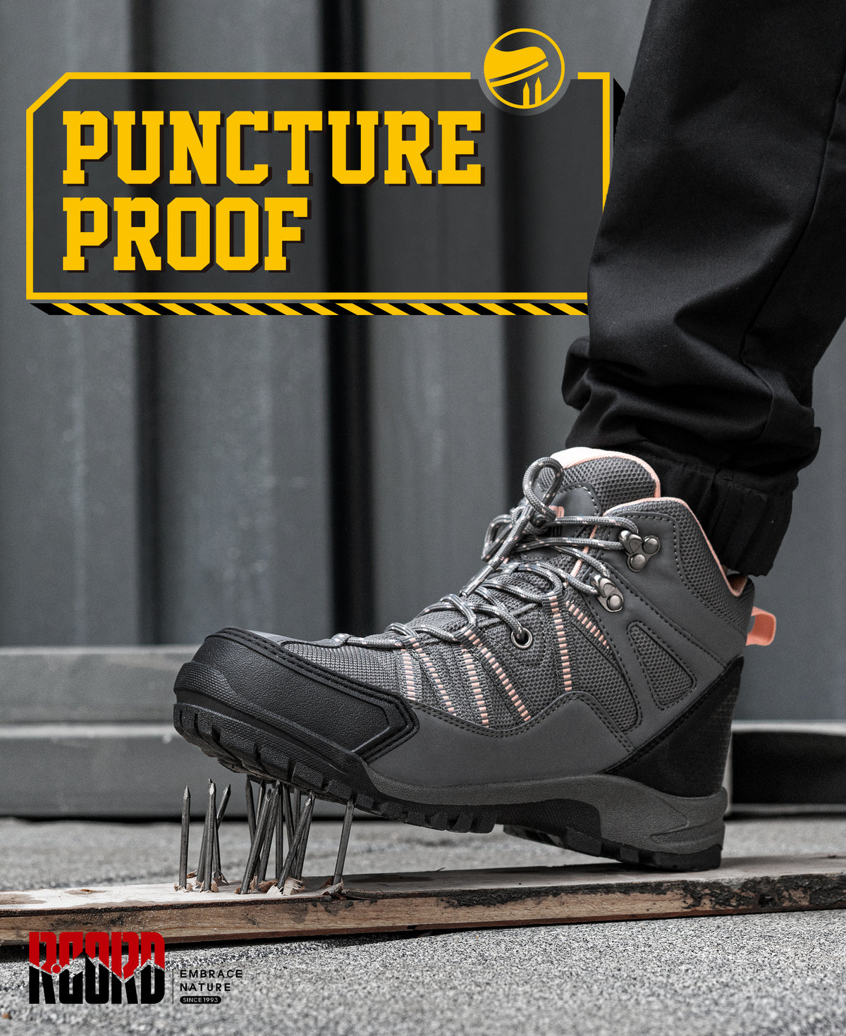 R CORD women's pink puncture-resistant steel toe work boots  [color:Peach]