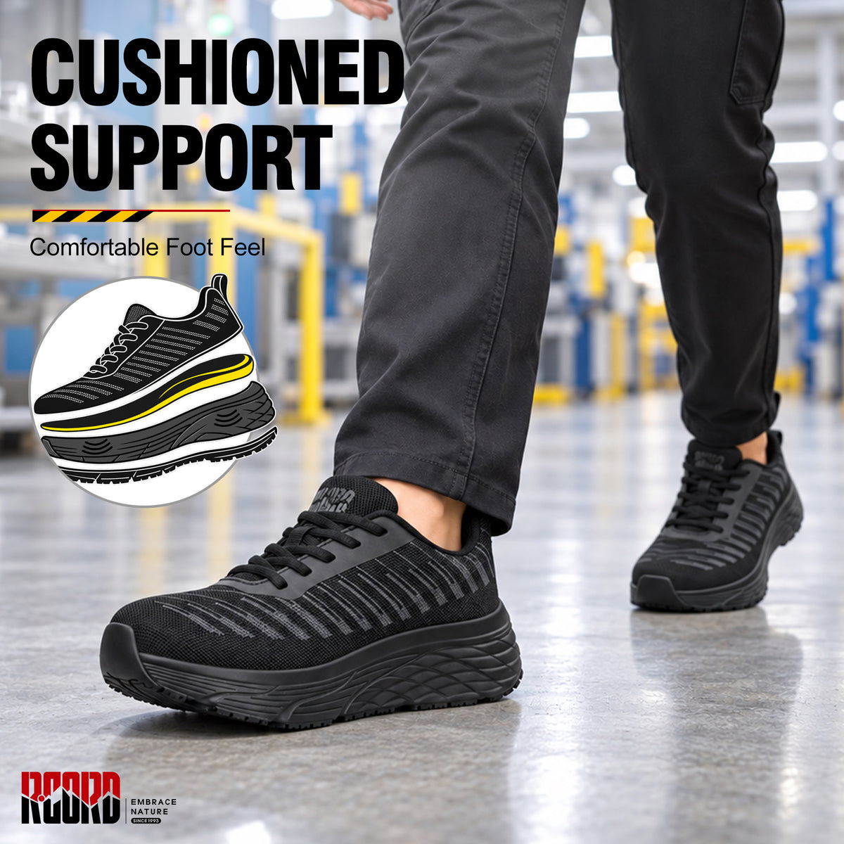 Shock-absorbing comfort in women's steel toe work shoes for long periods on hard floors [color:Black]
