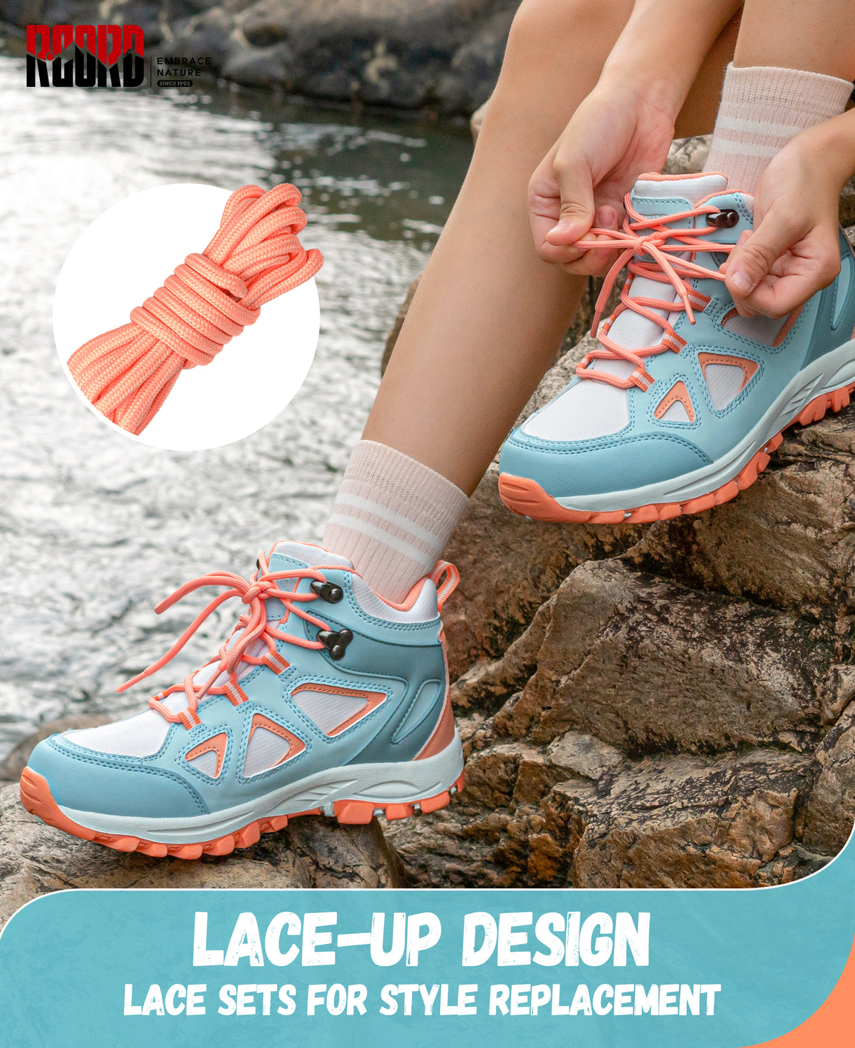 Waterproof breathable kids hiking boots with lace-up closure for a secure fit on day hikes and warm-weather trails [color:BluePeach]