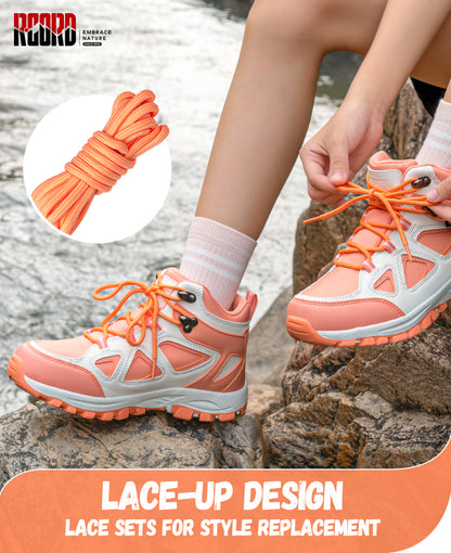 Waterproof breathable kids hiking boots with lace-up closure for a secure fit on day hikes and warm-weather trails [color:Peach]