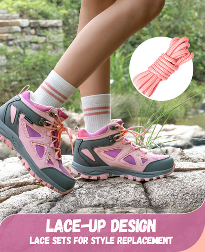 Waterproof breathable kids hiking boots with lace-up closure for a secure fit on day hikes and warm-weather trails [color:Pink]